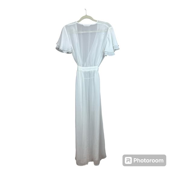 Flora Peignoir S/M White Crochet Lace Flutter Cap Sleeve Sheer Long Belt Bride - Picture 2 of 7